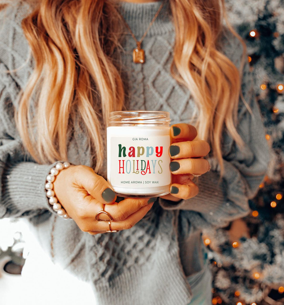 Happy Holiday Scented Soy Blend Candle Pine Orange Woods 9oz Jar Great Gift Idea