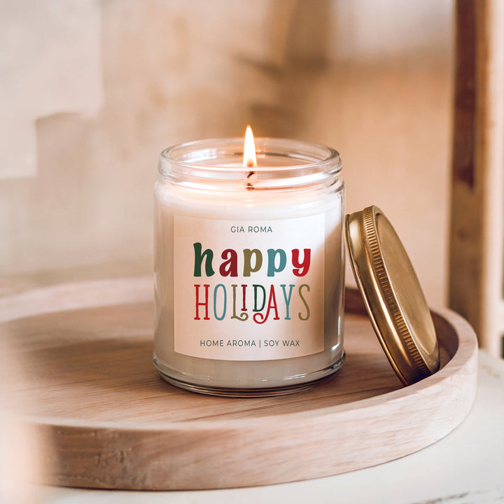 Happy Holiday Scented Soy Blend Candle Pine Orange Woods 9oz Jar Great Gift Idea