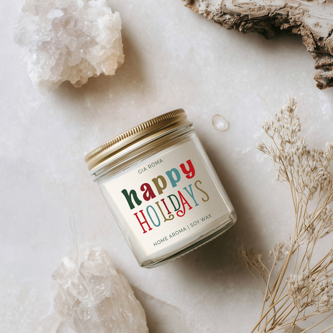 Happy Holiday Scented Soy Blend Candle Pine Orange Woods 9oz Jar Great Gift Idea