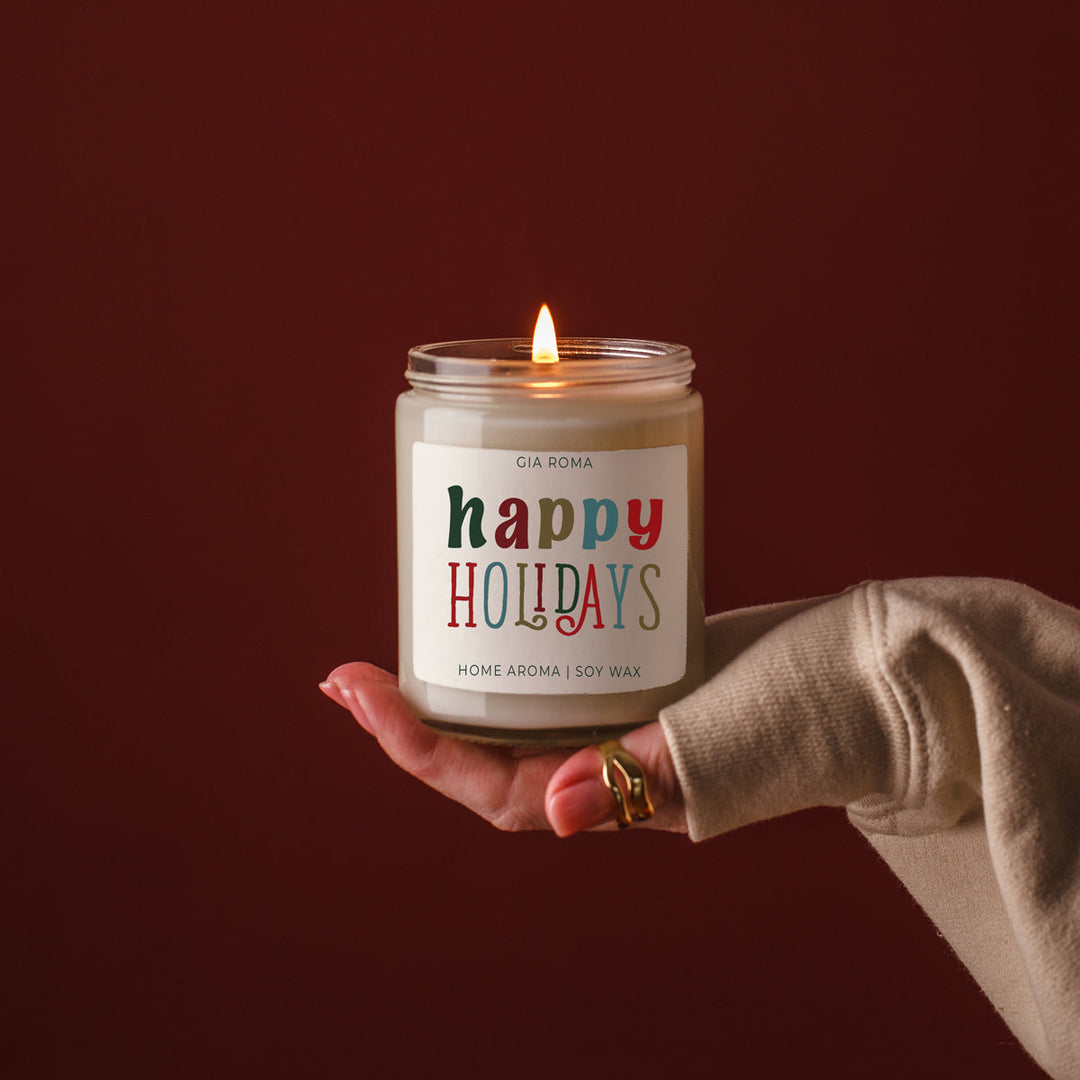 Happy Holiday Scented Soy Blend Candle Pine Orange Woods 9oz Jar Great Gift Idea