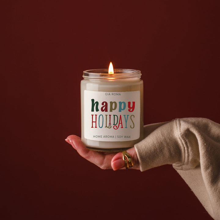 Happy Holiday Scented Soy Blend Candle Pine Orange Woods 9oz Jar Great Gift Idea