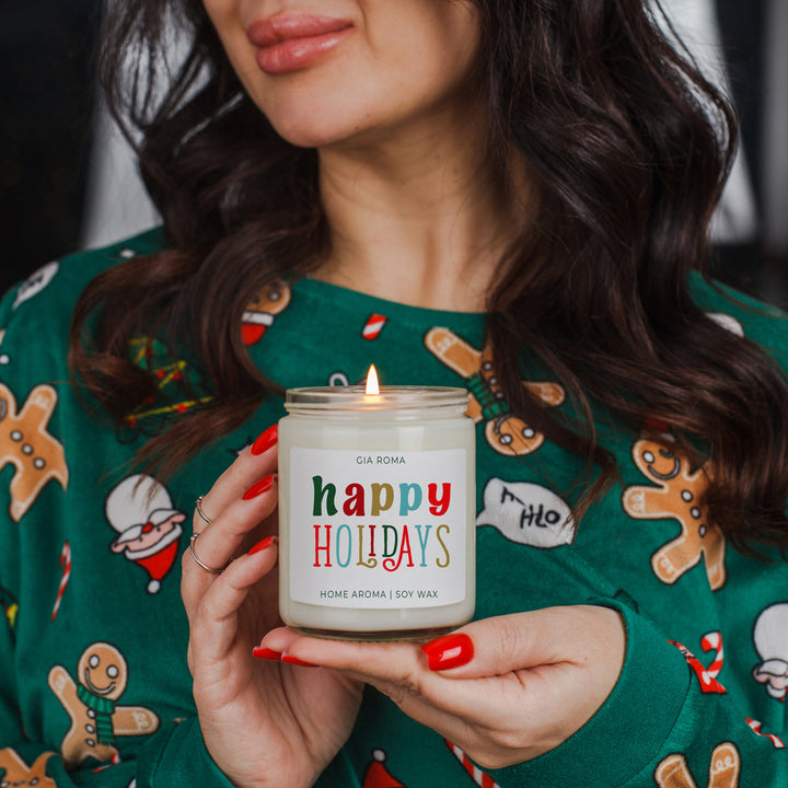 Happy Holiday Scented Soy Blend Candle Pine Orange Woods 9oz Jar Great Gift Idea