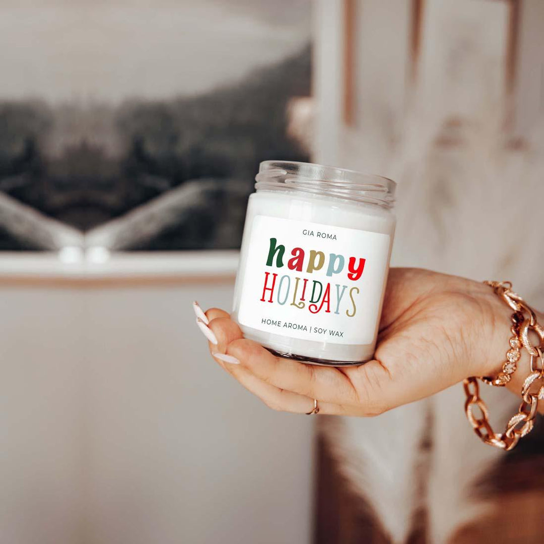 Happy Holiday Scented Soy Blend Candle Pine Orange Woods 9oz Jar Great Gift Idea