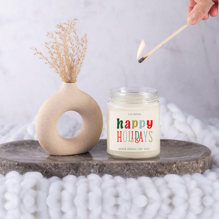 Happy Holiday Scented Soy Blend Candle Pine Orange Woods 9oz Jar Great Gift Idea
