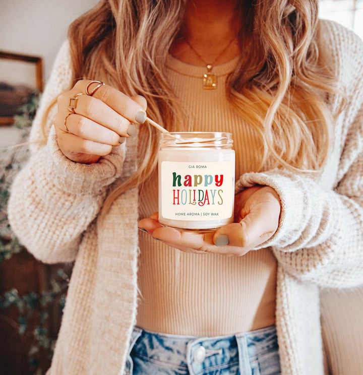 Happy Holiday Scented Soy Blend Candle Pine Orange Woods 9oz Jar Great Gift Idea
