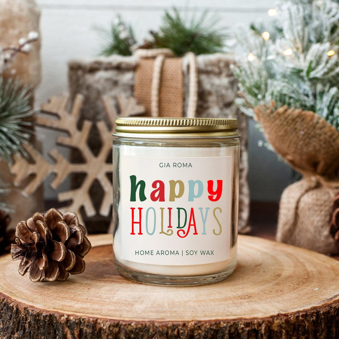 Happy Holiday Scented Soy Blend Candle Pine Orange Woods 9oz Jar Great Gift Idea