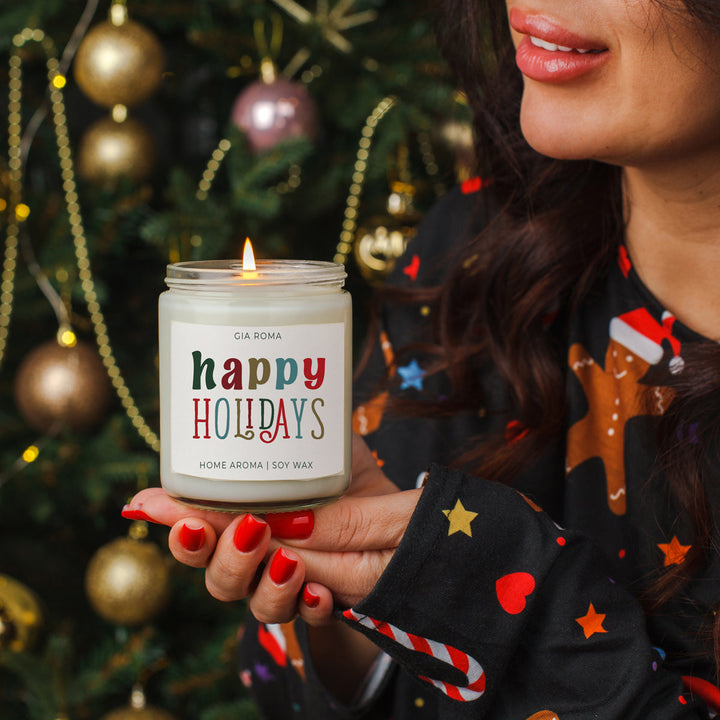 Happy Holiday Scented Soy Blend Candle Pine Orange Woods 9oz Jar Great Gift Idea