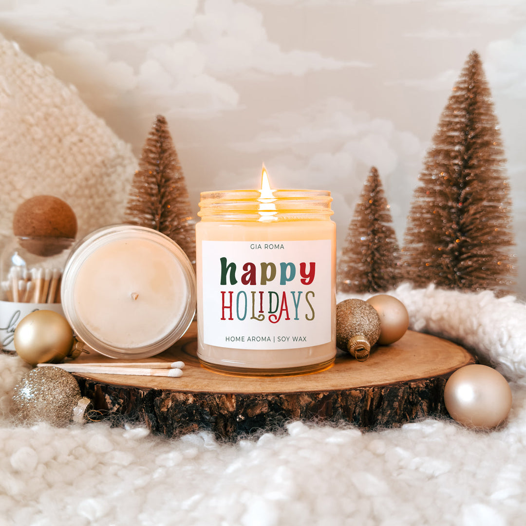 Happy Holiday Scented Soy Blend Candle Pine Orange Woods 9oz Jar Great Gift Idea