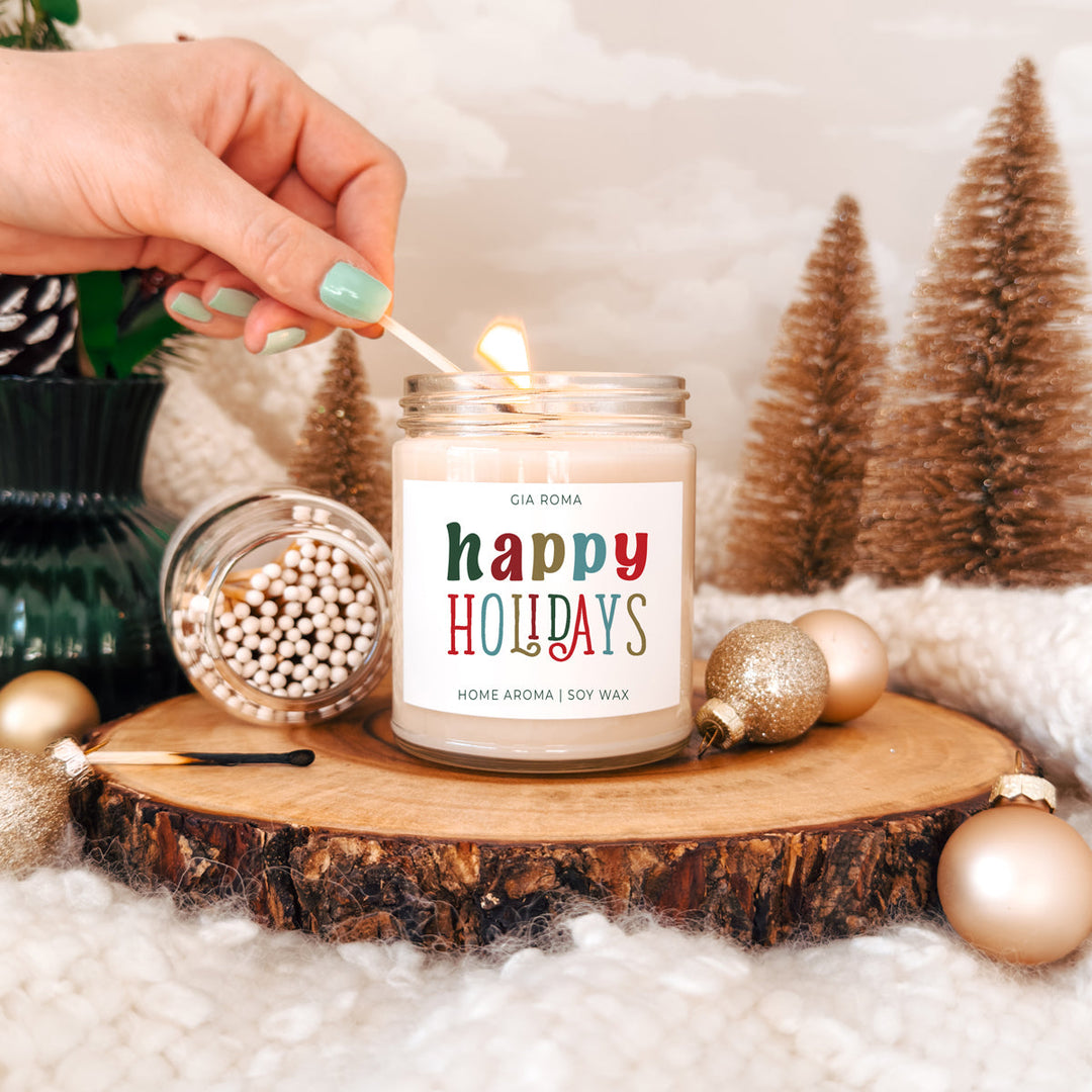 Happy Holiday Scented Soy Blend Candle Pine Orange Woods 9oz Jar Great Gift Idea