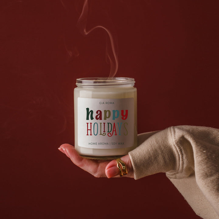 Happy Holiday Scented Soy Blend Candle Pine Orange Woods 9oz Jar Great Gift Idea