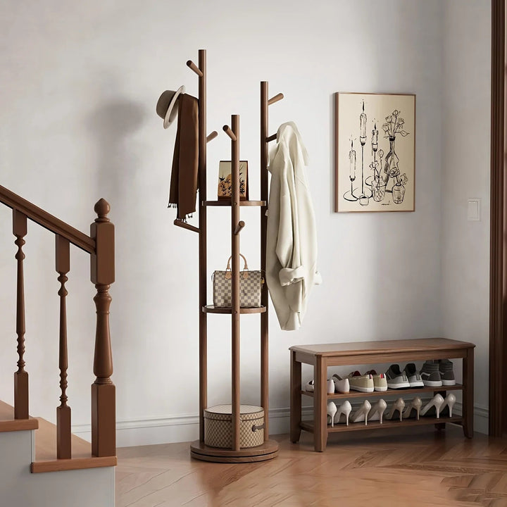 Heavy-Duty Freestanding Clothes Rack with 3-Tier Shelves &amp; 9 Hooks - No Assembly Needed, Space-Saving Organizer Stand for Entryway, Bedroom, Office - Sturdy Hardwood Construction, Modern Minimalist Design for Coats, Hats, Bag