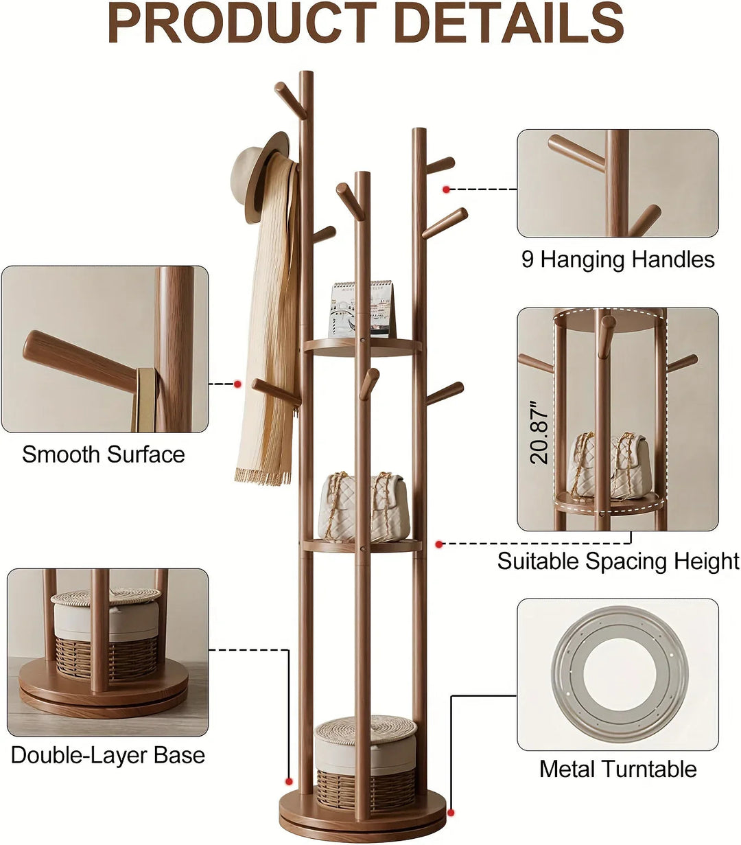 Heavy-Duty Freestanding Clothes Rack with 3-Tier Shelves &amp; 9 Hooks - No Assembly Needed, Space-Saving Organizer Stand for Entryway, Bedroom, Office - Sturdy Hardwood Construction, Modern Minimalist Design for Coats, Hats, Bag