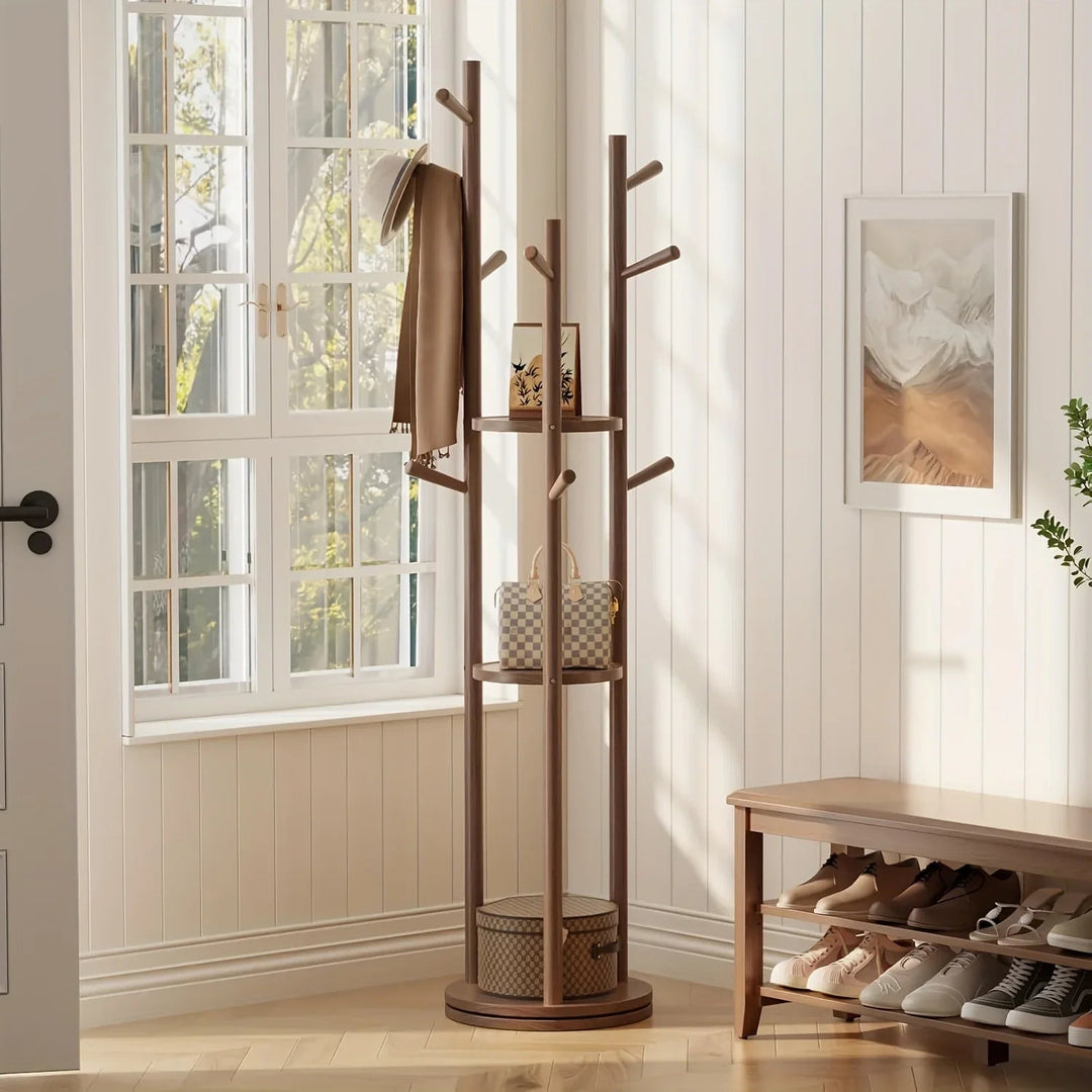 Heavy-Duty Freestanding Clothes Rack with 3-Tier Shelves &amp; 9 Hooks - No Assembly Needed, Space-Saving Organizer Stand for Entryway, Bedroom, Office - Sturdy Hardwood Construction, Modern Minimalist Design for Coats, Hats, Bag