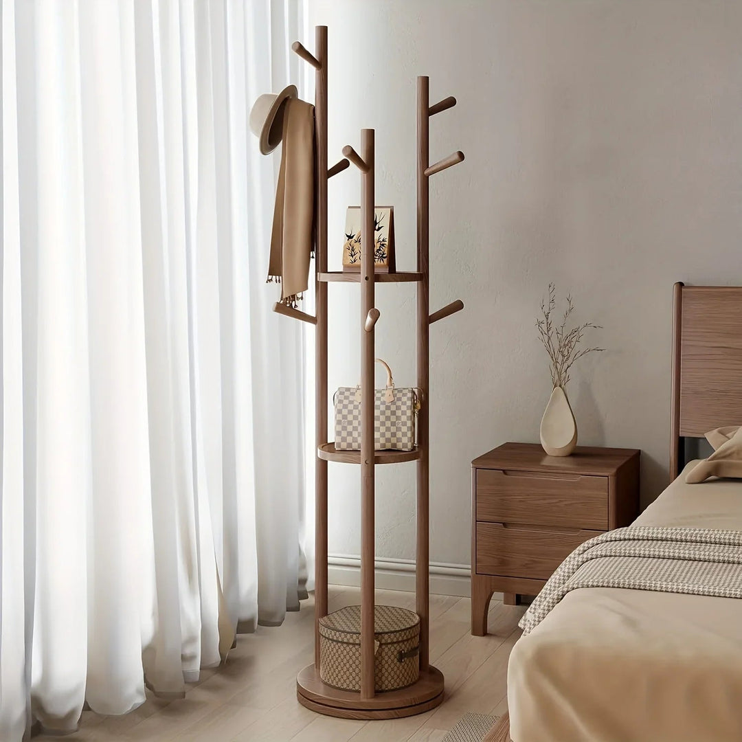 Heavy-Duty Freestanding Clothes Rack with 3-Tier Shelves &amp; 9 Hooks - No Assembly Needed, Space-Saving Organizer Stand for Entryway, Bedroom, Office - Sturdy Hardwood Construction, Modern Minimalist Design for Coats, Hats, Bag