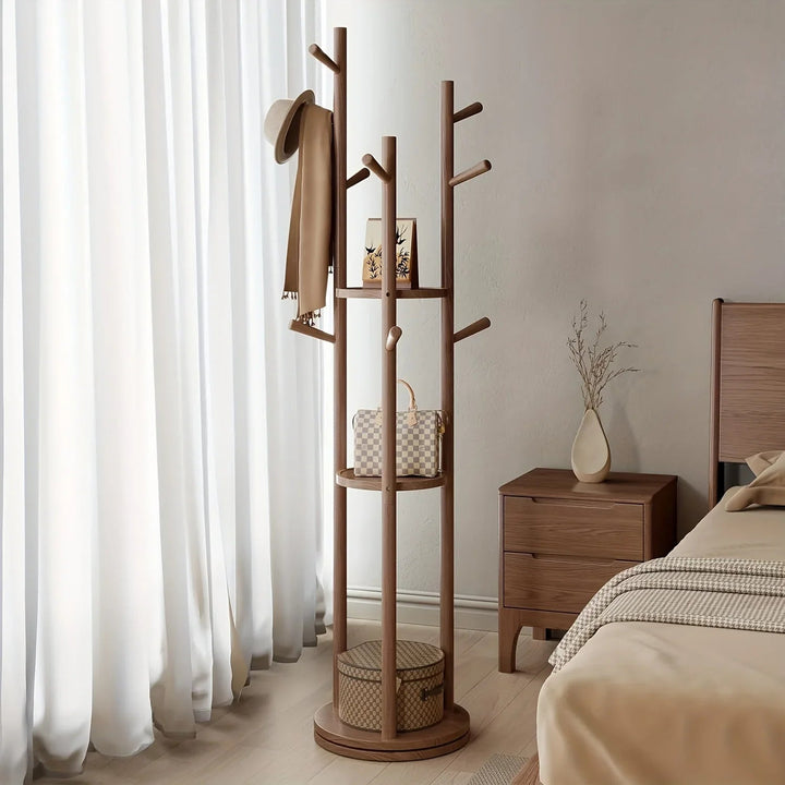Heavy-Duty Freestanding Clothes Rack with 3-Tier Shelves &amp; 9 Hooks - No Assembly Needed, Space-Saving Organizer Stand for Entryway, Bedroom, Office - Sturdy Hardwood Construction, Modern Minimalist Design for Coats, Hats, Bag