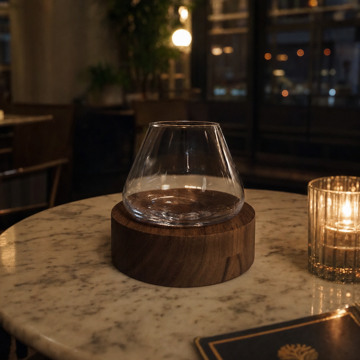 Kami Rotating Crystal Wine Glass &amp; Wooden Coaster