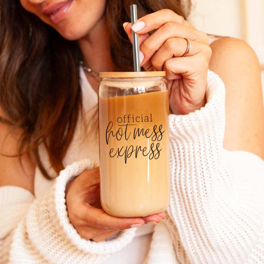 Official Hot Mess Express Glass Tumbler 17oz Bamboo Lid Straws Cheeky Fun Gift
