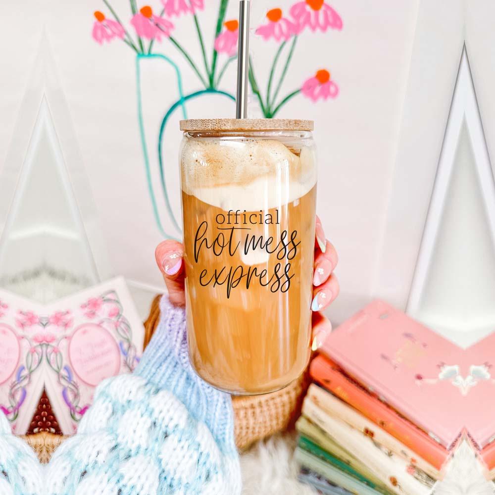 Official Hot Mess Express Glass Tumbler 17oz Bamboo Lid Straws Cheeky Fun Gift