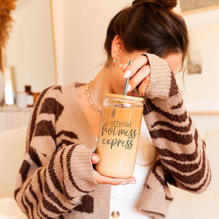 Official Hot Mess Express Glass Tumbler 17oz Bamboo Lid Straws Cheeky Fun Gift