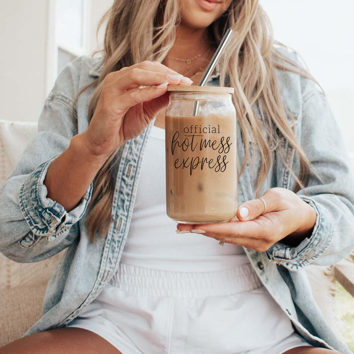 Official Hot Mess Express Glass Tumbler 17oz Bamboo Lid Straws Cheeky Fun Gift