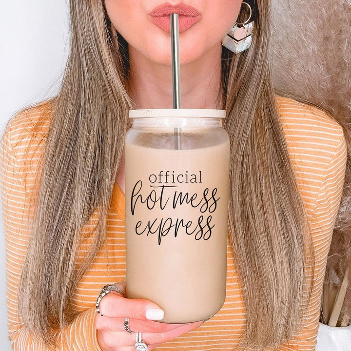 Official Hot Mess Express Glass Tumbler 17oz Bamboo Lid Straws Cheeky Fun Gift