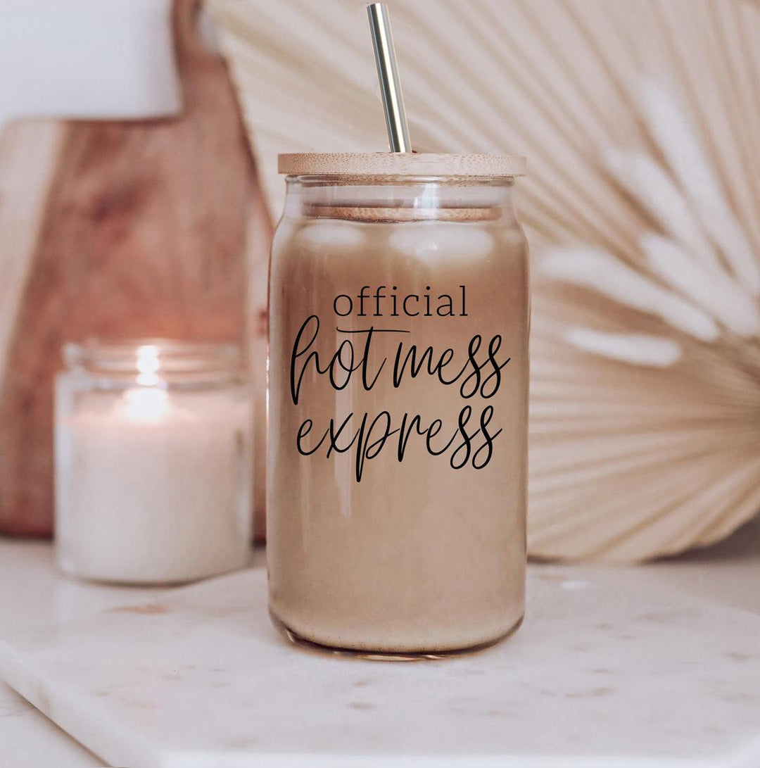 Official Hot Mess Express Glass Tumbler 17oz Bamboo Lid Straws Cheeky Fun Gift