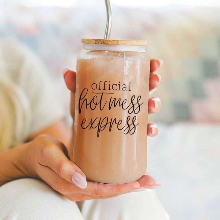 Official Hot Mess Express Glass Tumbler 17oz Bamboo Lid Straws Cheeky Fun Gift