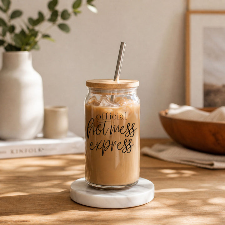 Official Hot Mess Express Glass Tumbler 17oz Bamboo Lid Straws Cheeky Fun Gift