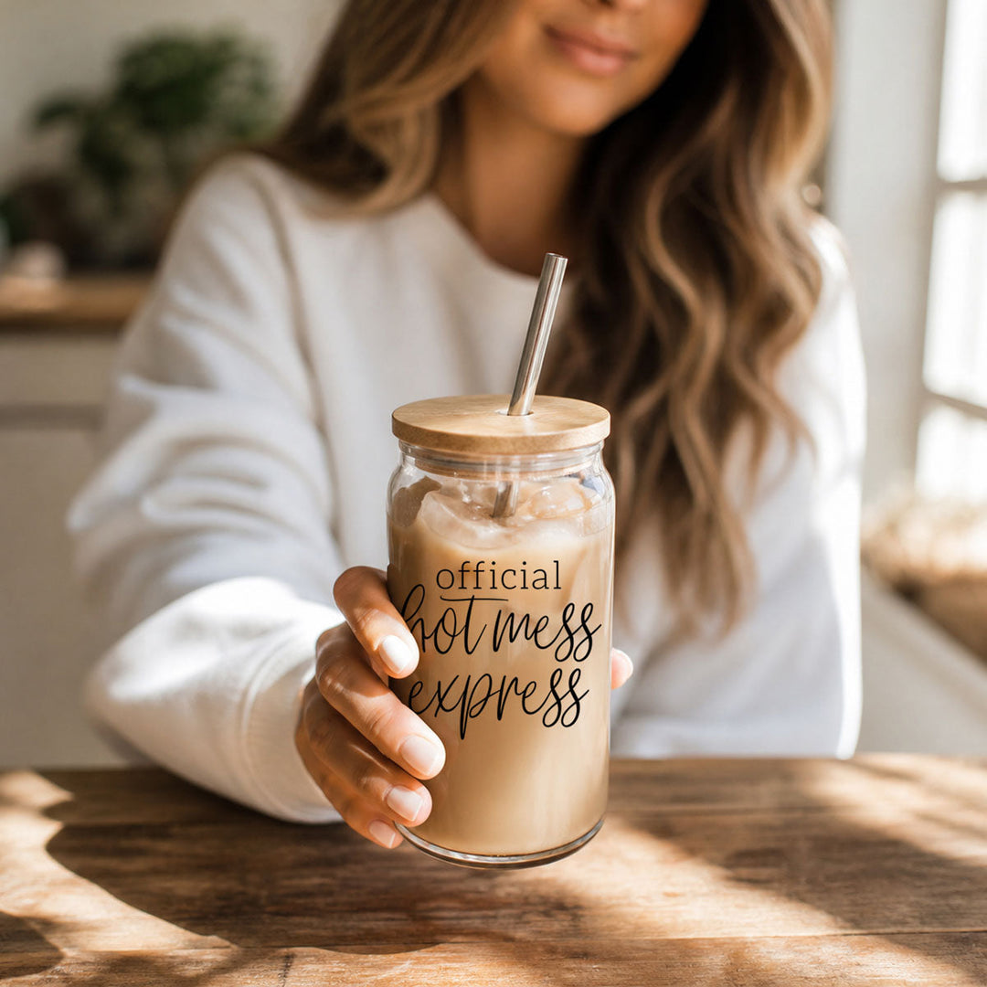 Official Hot Mess Express Glass Tumbler 17oz Bamboo Lid Straws Cheeky Fun Gift