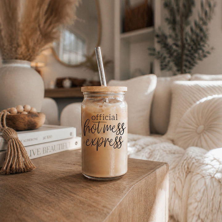 Official Hot Mess Express Glass Tumbler 17oz Bamboo Lid Straws Cheeky Fun Gift