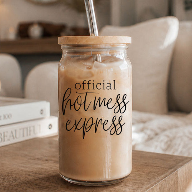 Official Hot Mess Express Glass Tumbler 17oz Bamboo Lid Straws Cheeky Fun Gift