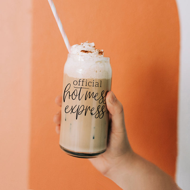 Official Hot Mess Express Glass Tumbler 17oz Bamboo Lid Straws Cheeky Fun Gift