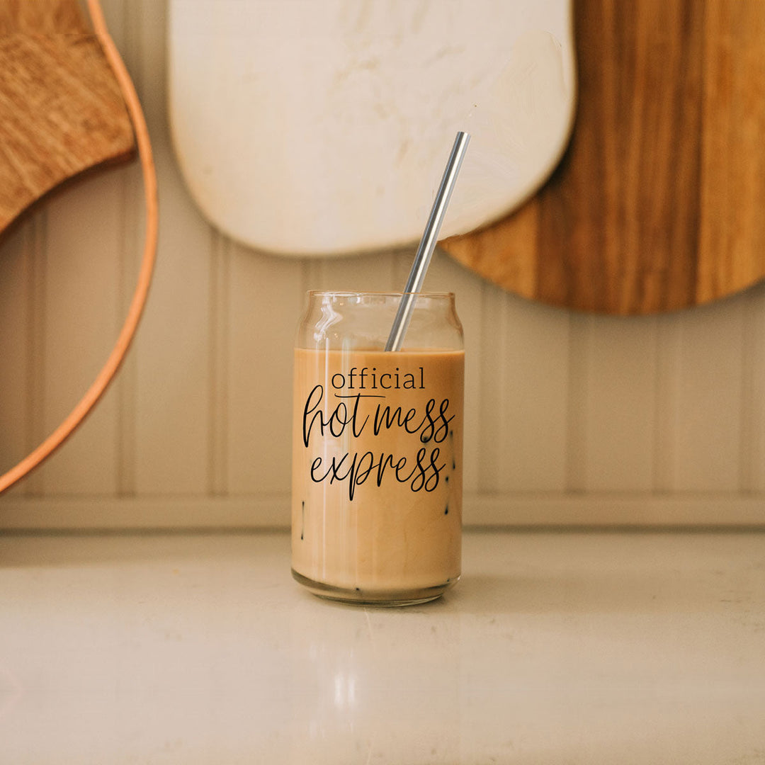 Official Hot Mess Express Glass Tumbler 17oz Bamboo Lid Straws Cheeky Fun Gift