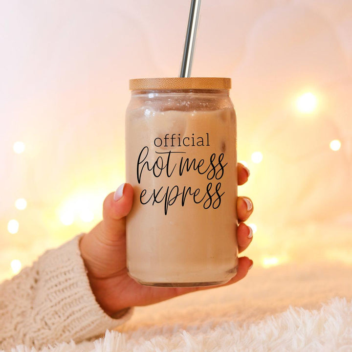 Official Hot Mess Express Glass Tumbler 17oz Bamboo Lid Straws Cheeky Fun Gift