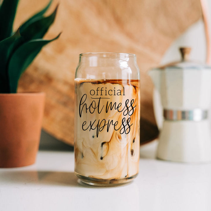 Official Hot Mess Express Glass Tumbler 17oz Bamboo Lid Straws Cheeky Fun Gift