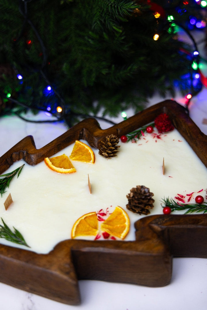 Large Christmas Tree Wooden Dough Bowl Scented Candle – Handcrafted Soy Wax Holiday Decor &amp; Gift