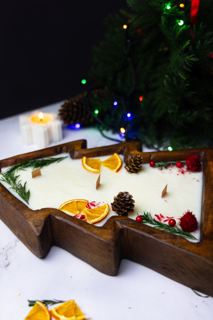 Large Christmas Tree Wooden Dough Bowl Scented Candle – Handcrafted Soy Wax Holiday Decor &amp; Gift