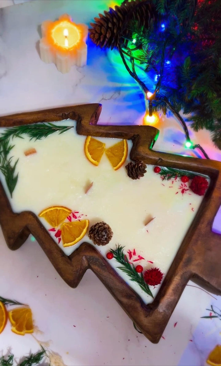 Large Christmas Tree Wooden Dough Bowl Scented Candle – Handcrafted Soy Wax Holiday Decor &amp; Gift