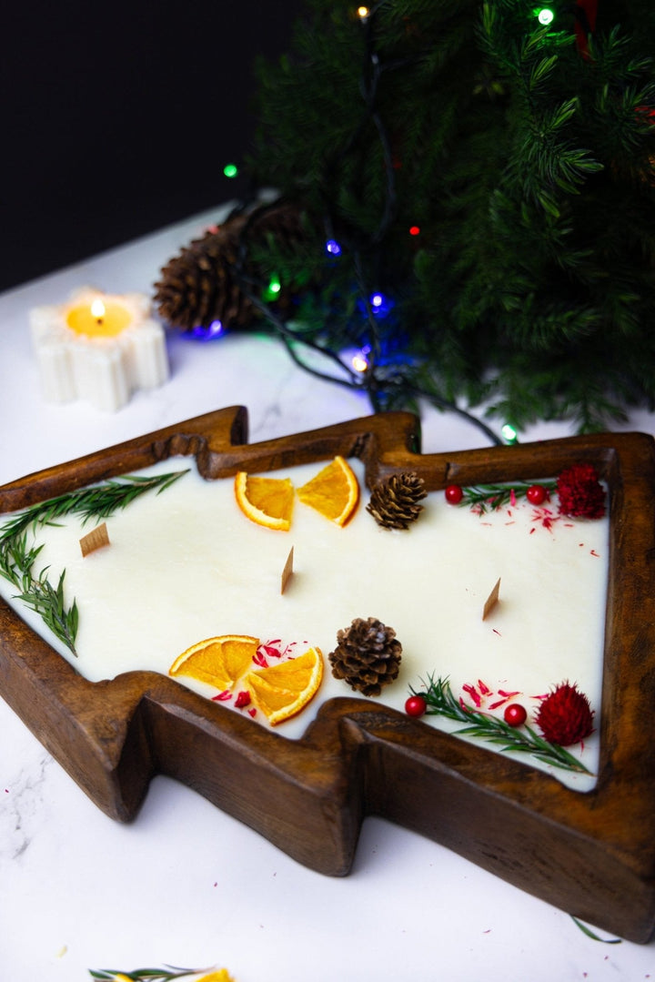 Large Christmas Tree Wooden Dough Bowl Scented Candle – Handcrafted Soy Wax Holiday Decor &amp; Gift
