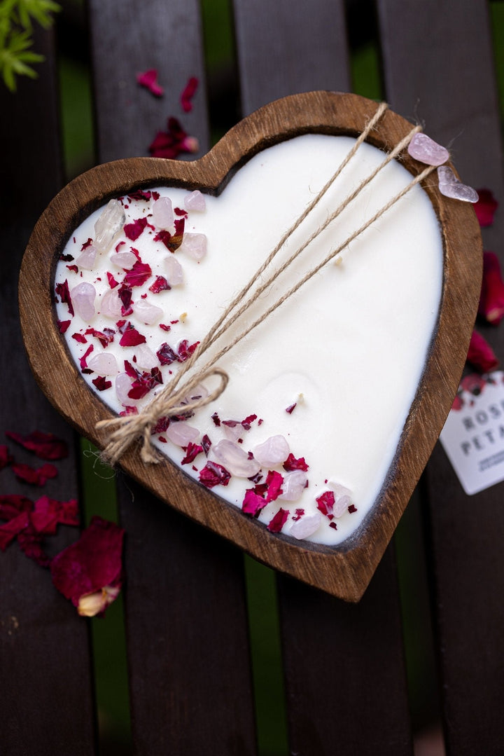 Heart-Shaped Wood Dough Bowl Candle – Crystals &amp; Flowers – 3 Cotton Wick Soy Candle