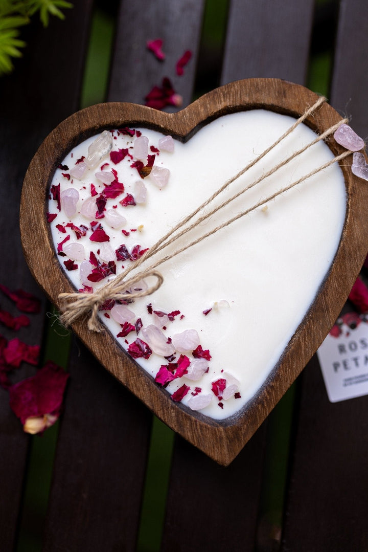 Heart-Shaped Wood Dough Bowl Candle – Crystals &amp; Flowers – 3 Cotton Wick Soy Candle