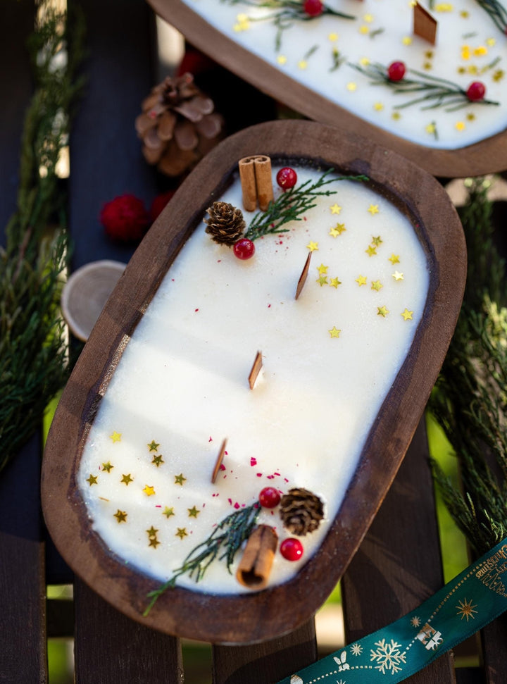 Handcrafted Christmas Wooden Dough Bowl Candle - Farmhouse Decor, Soy Wax Scented