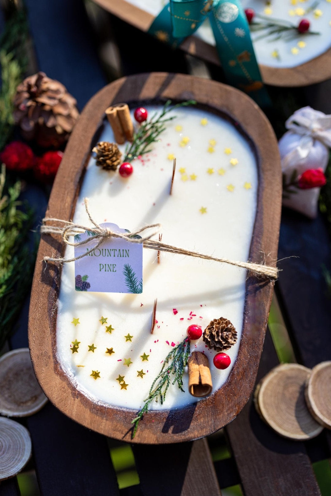 Handcrafted Christmas Wooden Dough Bowl Candle - Farmhouse Decor, Soy Wax Scented