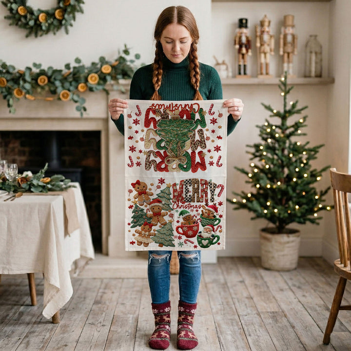 Merry Gingerbread Christmas Kitchen Tea Towel Holiday Decor Fun Gift for Friends