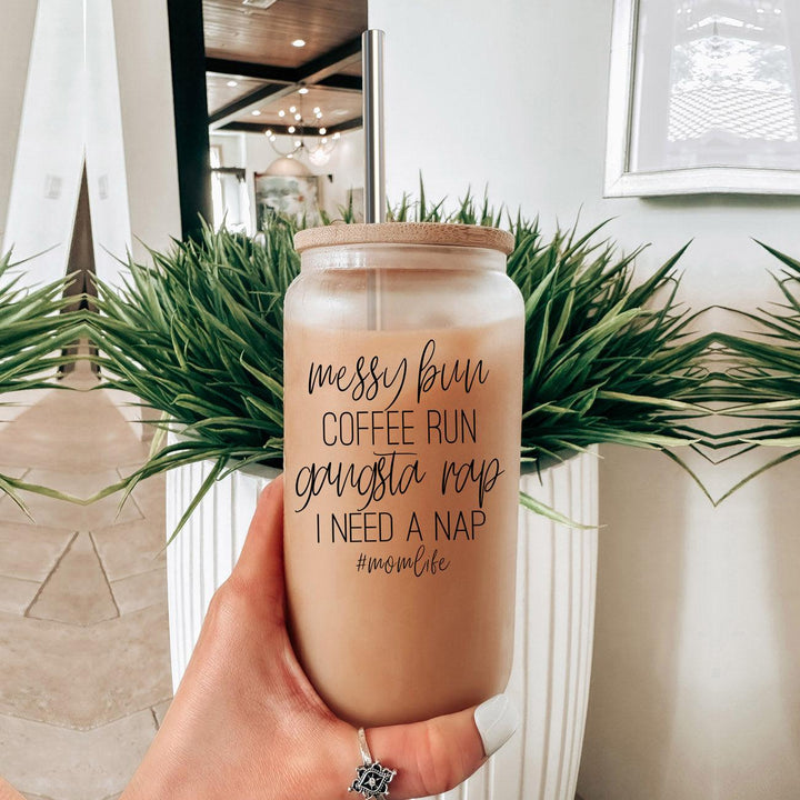 Messy Bun Glass Tumbler 17oz Bamboo Lid Straws Funny Mom Cheeky Gift for Friends