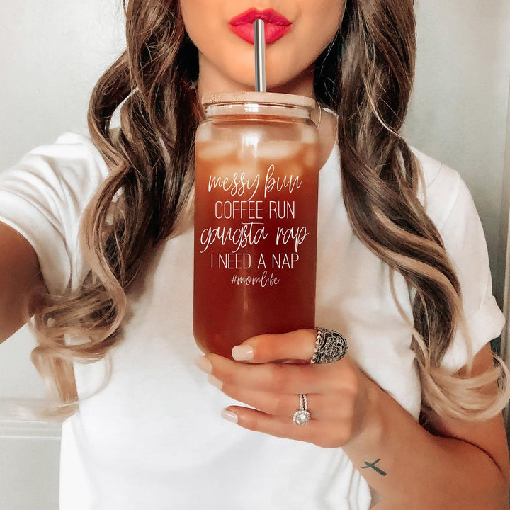 Messy Bun Glass Tumbler 17oz Bamboo Lid Straws Funny Mom Cheeky Gift for Friends