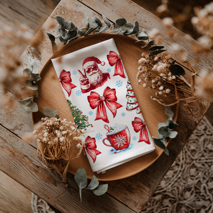 Merry Christmas Cotton Kitchen Tea Towel Santa Bows Holiday Decor Fun Gift Idea