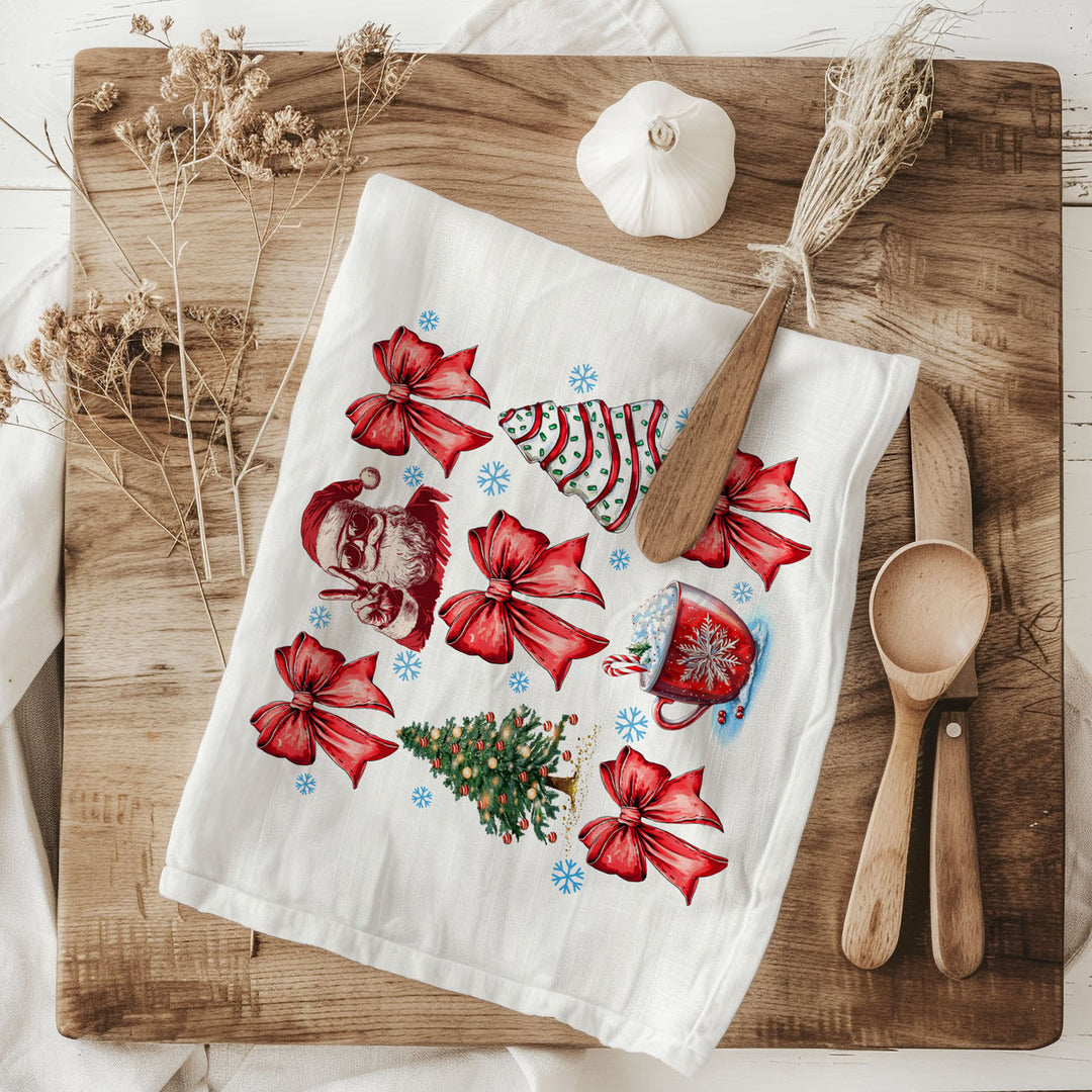 Merry Christmas Cotton Kitchen Tea Towel Santa Bows Holiday Decor Fun Gift Idea