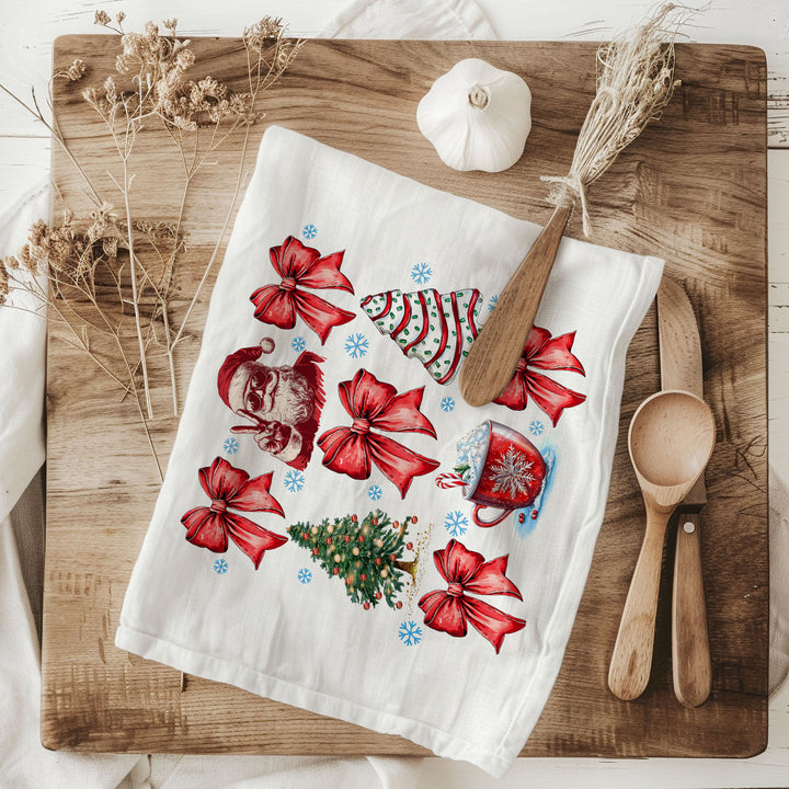 Merry Christmas Cotton Kitchen Tea Towel Santa Bows Holiday Decor Fun Gift Idea