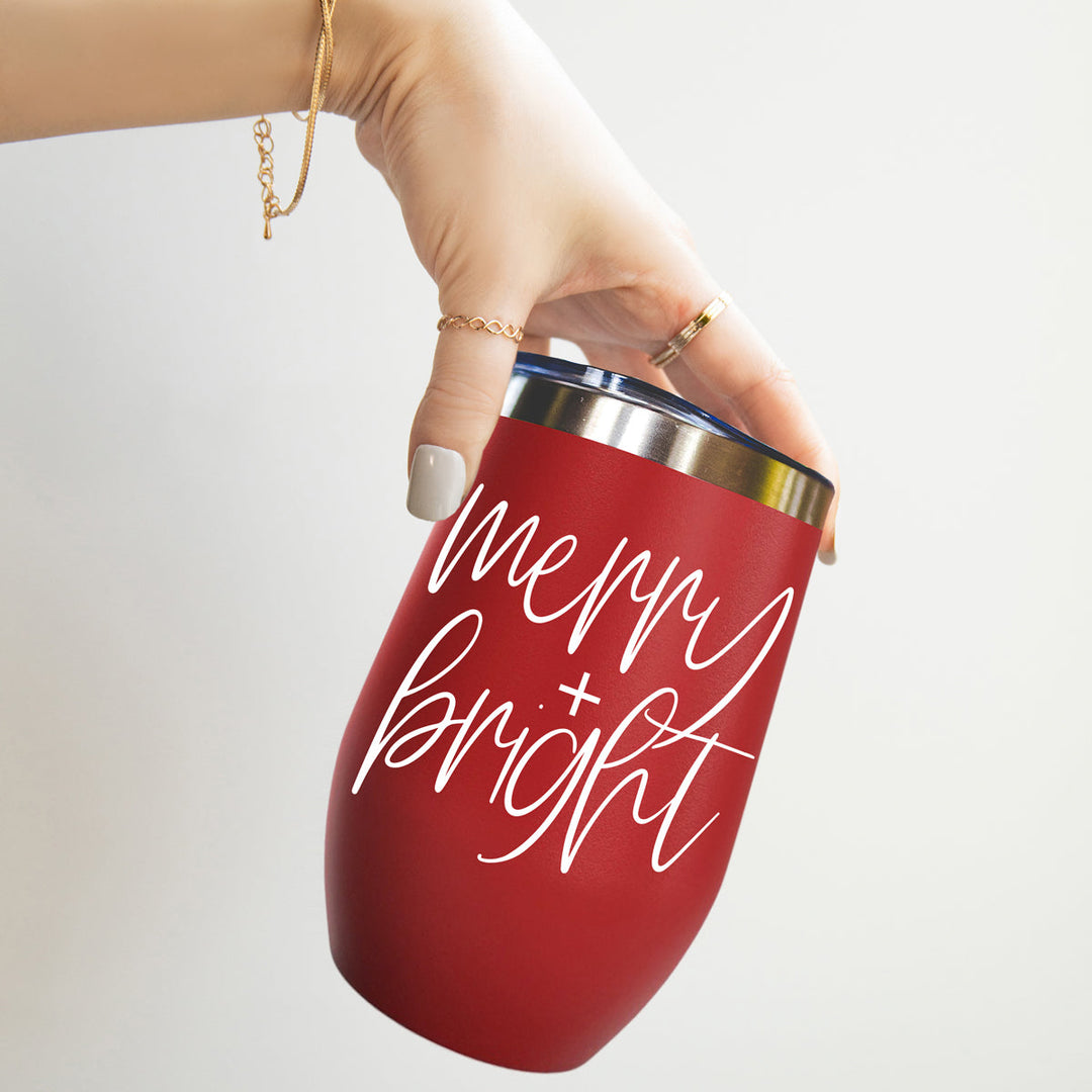 Merry and Bright Wine Tumbler 17oz Christmas Holiday Fun Gift for Coffee Lovers